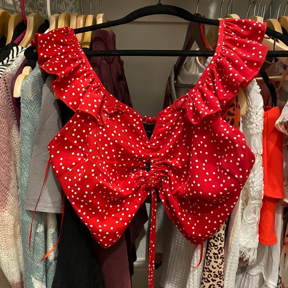 Red and white polka dot cropped top
